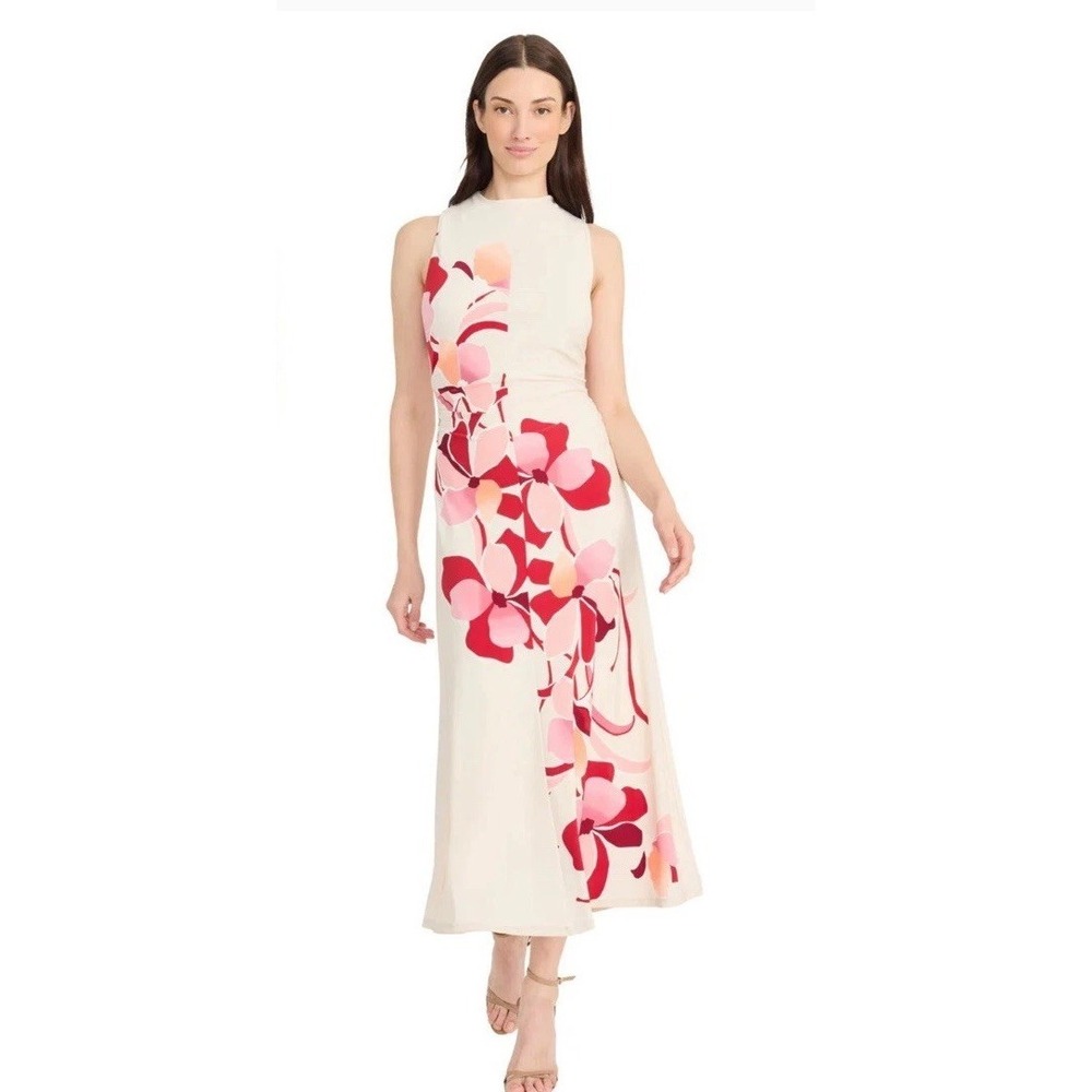 Maggy‎ London Matte Jersey Floral Dress Fit And Flare Midi Dress Size 4